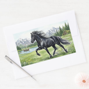 Pegatina Rectangular Freydis Black Horse en paisaje nórdico