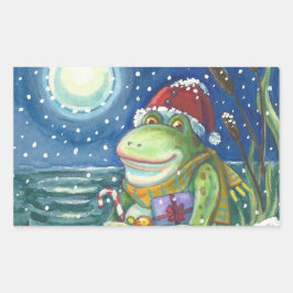 Pegatina Rectangular FROG SANTA EN LOG, HOLLIDAY CHRISTMAS STICKERS Rec