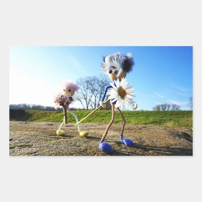 Pegatina Rectangular Fubby's in natuur met madeliefjes. (Anverso)