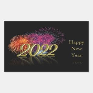 Pegatina Rectangular Fuegos artificiales de Gold Happy New Year 2022