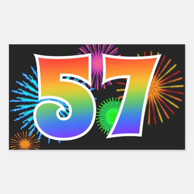Pegatina Rectangular Fun Fireworks + Rainbow Pattern "57" Event Number (Anverso)