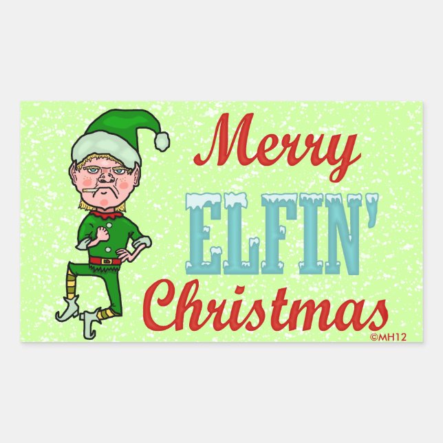Pegatina Rectangular Funny Merry Elfin Navidades Bah Humbug (Anverso)