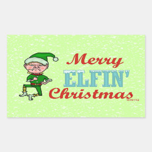 Pegatina Rectangular Funny Merry Elfin Navidades Bah Humbug