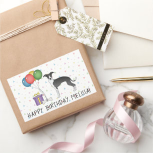 Pegatina Rectangular Galgo Italiano Blanco Y Negro - Feliz Cumpleaños