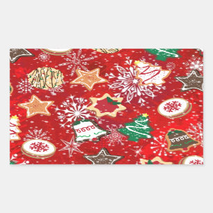 Pegatina Rectangular Galletas de Navidad y Copos de Nieve en Rojo