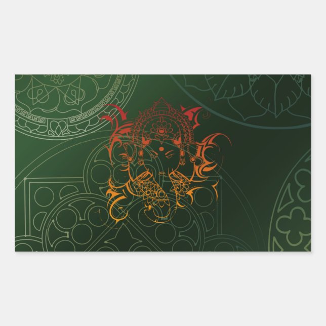 Pegatina Rectangular Ganesh Elephant Mandala naranja yoga verde Asia (Anverso)