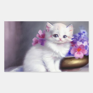 Pegatina Rectangular Gatito blanco vintage con flores rosadas y moradas