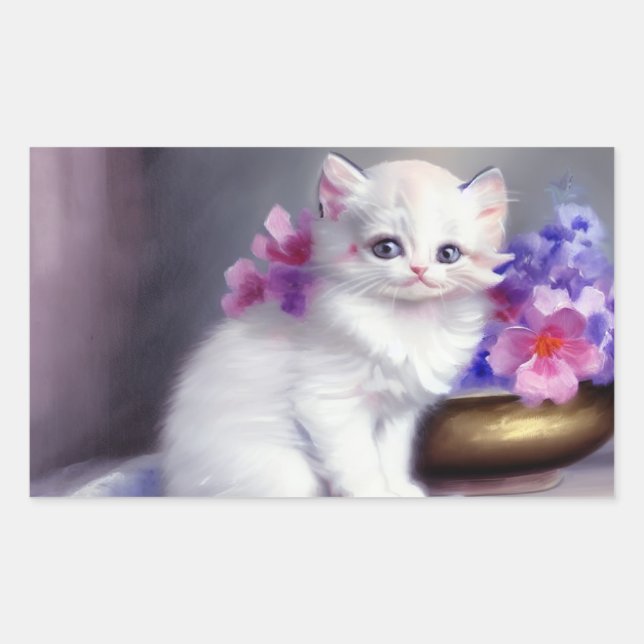 Pegatina Rectangular Gatito blanco vintage con flores rosadas y moradas (Anverso)
