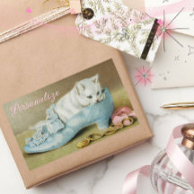 Gatito blanco vintage lindo en un zapato de satén