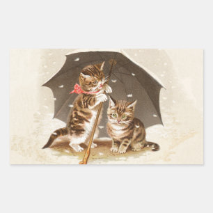Pegatina Rectangular Gatitos antiguos bajo paraguas arte de gato antigu