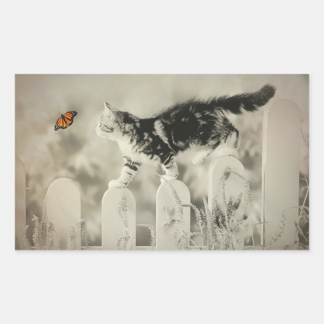 Pegatina Rectangular Gatitos y mariposa (Anverso)