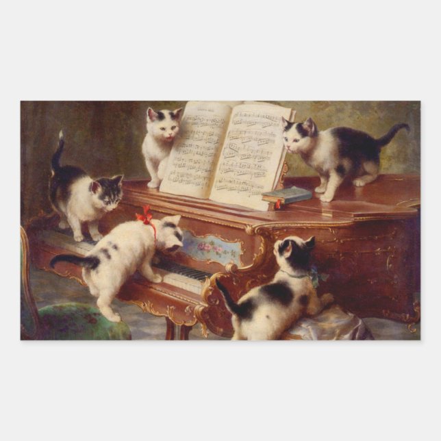Pegatina Rectangular Gatitos y piano (Anverso)