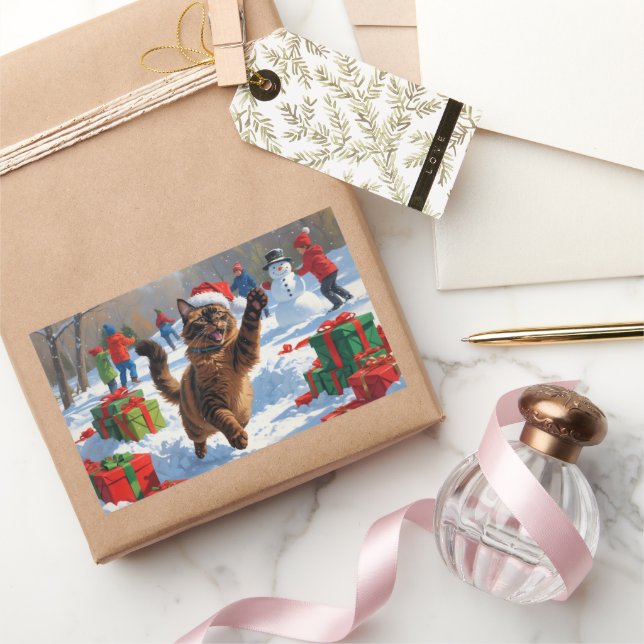 Pegatina Rectangular Gato abisinio escena festiva de Navidad nieve (Regalar)