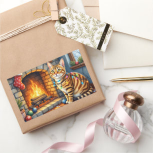 Pegatina Rectangular Gato Bengal Hogar con Luces de Navidad