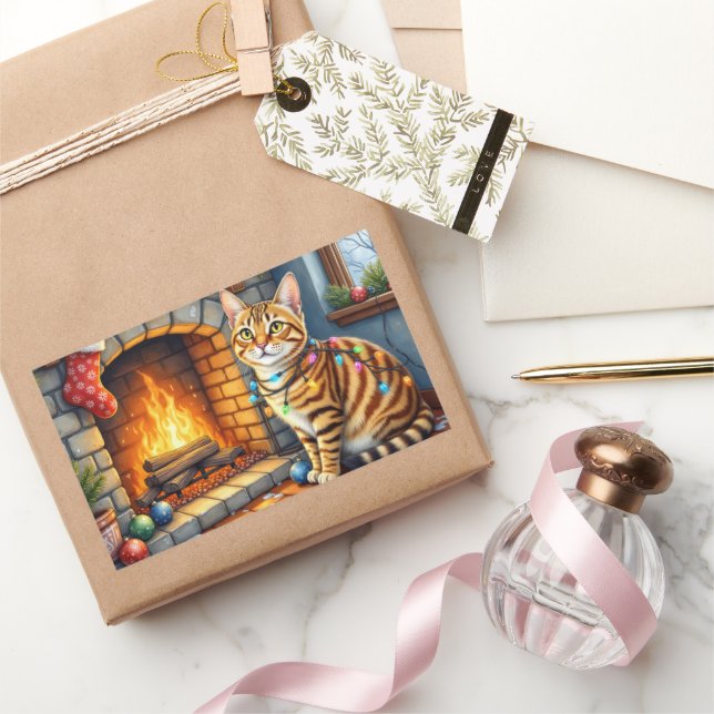Pegatina Rectangular Gato Bengal Hogar con Luces de Navidad (Regalar)