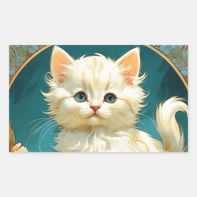 Pegatina Rectangular Gato blanco Alphonse Mucha Art Nouveau (Anverso)