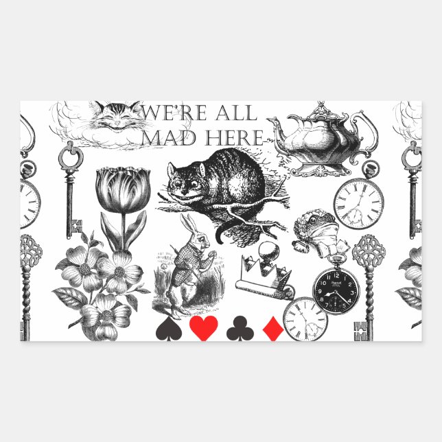 Pegatina Rectangular Gato de Cheshire clásico alice en wonderland loco (Anverso)