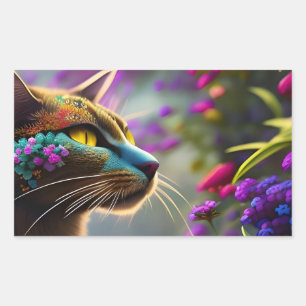 Pegatina Rectangular Gato de flor de fantasía de bonito