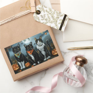 Pegatina Rectangular Gato Esmoquin Halloween Espeluznante