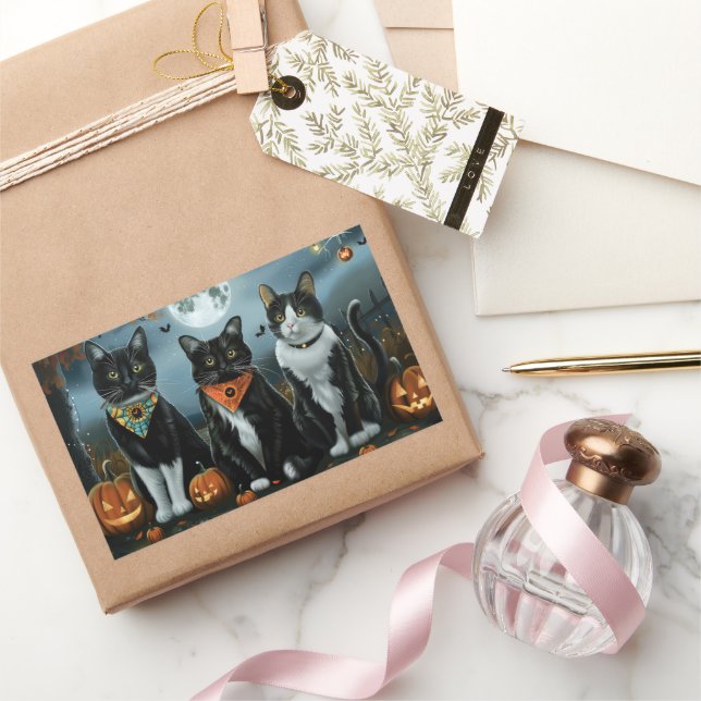 Pegatina Rectangular Gato Esmoquin Halloween Espeluznante (Regalar)