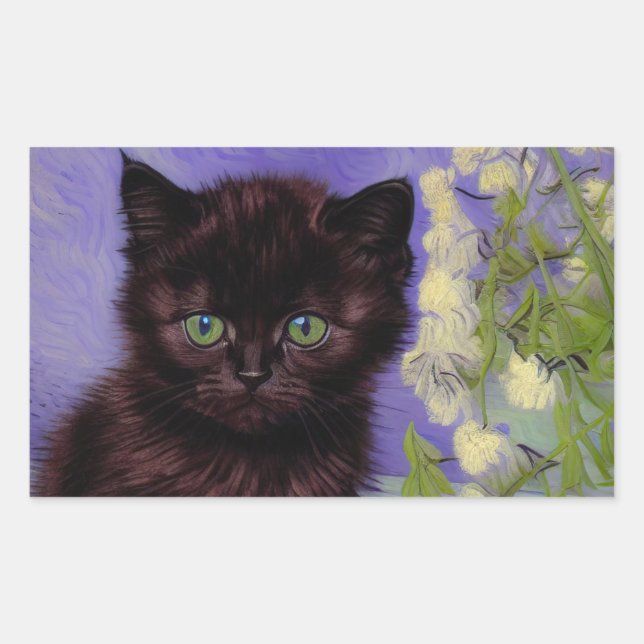 Pegatina Rectangular Gato estilo Van Gogh con flores blancas (Anverso)