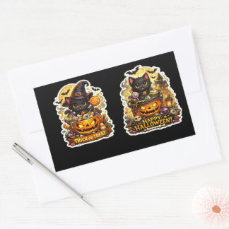 Pegatina Rectangular 🐈‍⬛🎃 Gato Negro Brujo – Calabaza de Halloween Es