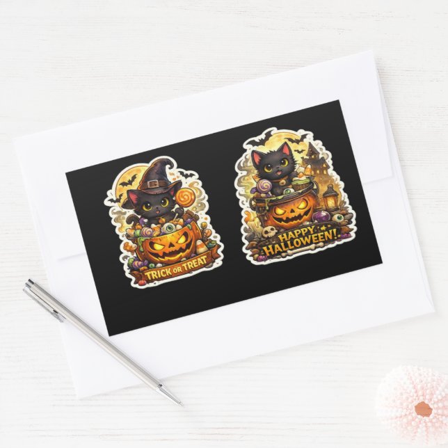 Pegatina Rectangular 🐈‍⬛🎃 Gato Negro Brujo – Calabaza de Halloween Es (Sobre)