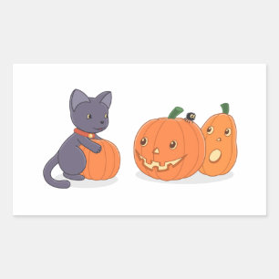 Pegatina Rectangular Gato negro de Halloween y calabazas