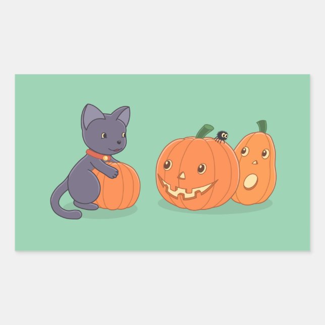 Pegatina Rectangular Gato negro de Halloween y calabazas en verde (Anverso)