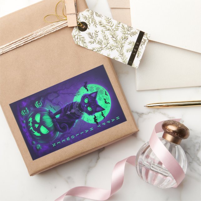 Pegatina Rectangular Gato negro de ojos verdes brillante (Regalar)