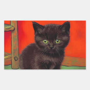 Pegatina Rectangular Gato negro estilo Van Gogh