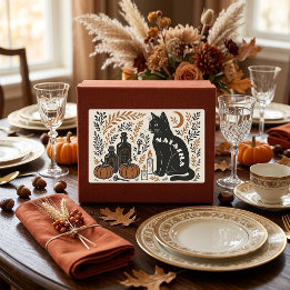 Pegatina Rectangular Gato Negro Místico Luna Creciente Botánico Vintage