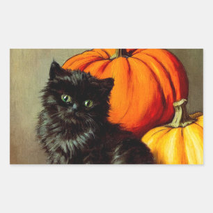 Pegatina Rectangular Gato negro vintage de Halloween y calabazas