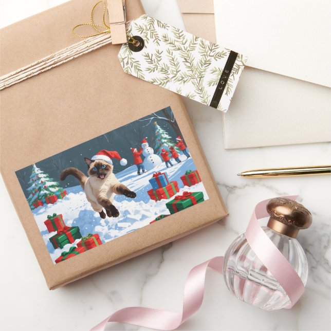 Pegatina Rectangular Gato siamés corre en Nieve con Gorra Navidad (Regalar)