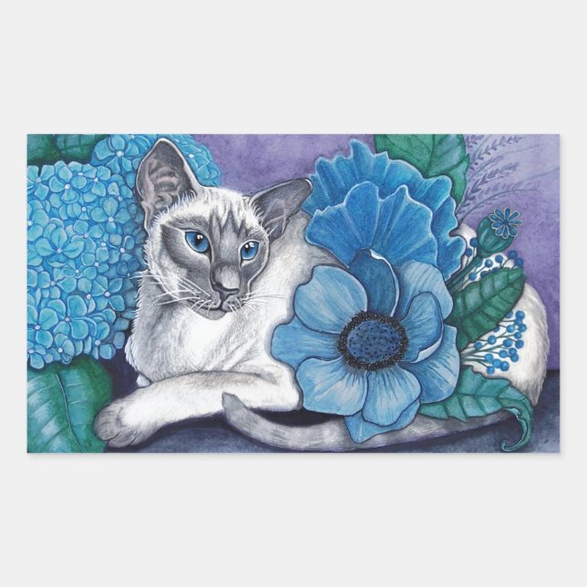 Pegatina Rectangular Gato Siamés De Punto Azul (Anverso)