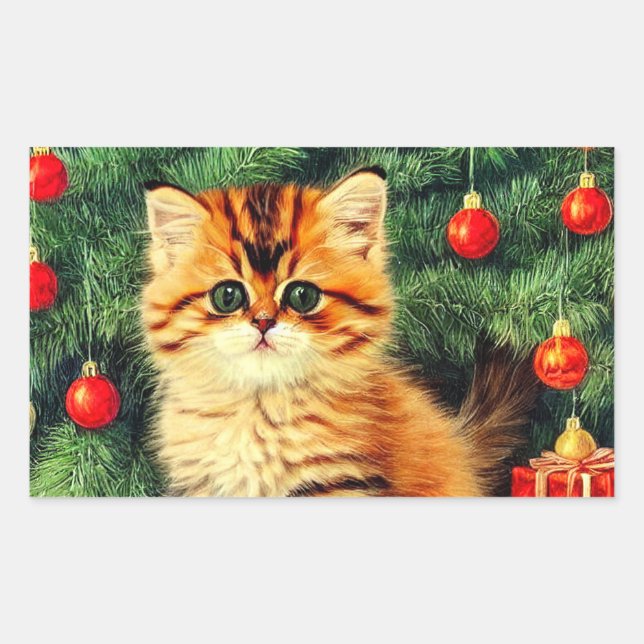 Pegatina Rectangular Gato vintage de Navidad (Anverso)