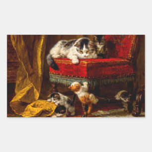 Pegatina Rectangular Gato y gatitos jugando con silla