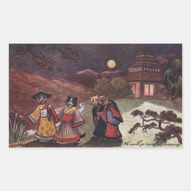 Pegatina Rectangular Gatos de Kimonos dan un paseo nocturno (Anverso)