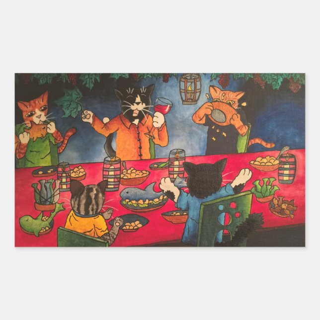 Pegatina Rectangular Gatos familiares de fiestas nocturnas (Anverso)