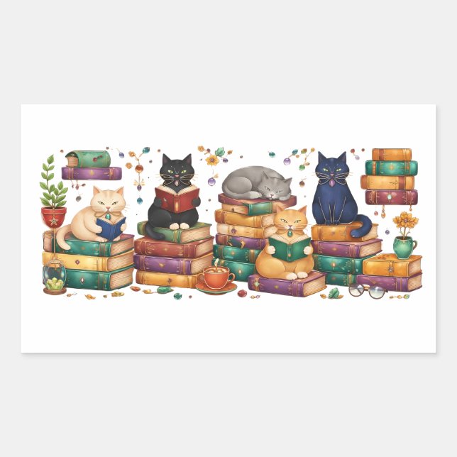 Pegatina Rectangular Gatos leyendo libros Escena de biblioteca acogedor (Anverso)
