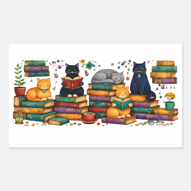 Pegatina Rectangular Gatos Leyendo Libros Escena de Biblioteca Acogedor (Anverso)