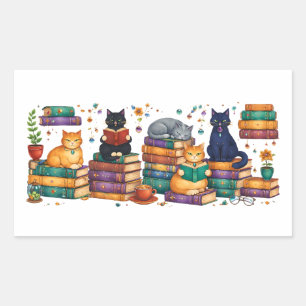 Pegatina Rectangular Gatos leyendo libros Escena de biblioteca acogedor