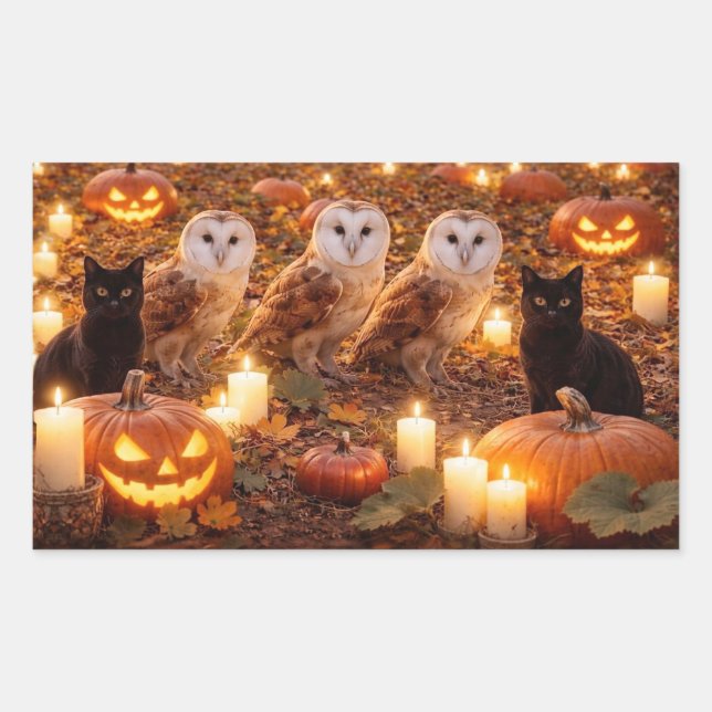Pegatina Rectangular Gatos Negros de Halloween Búhos Calabazas Velas (Anverso)