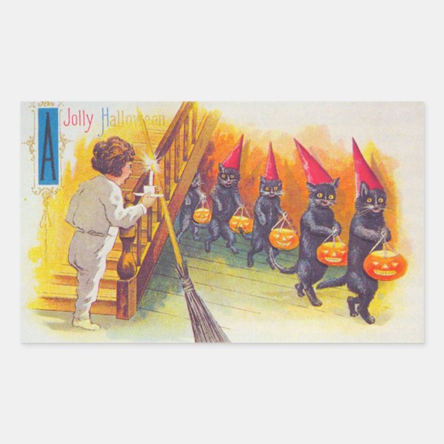 Pegatina Rectangular Gatos negros de Halloween con calabazas (Anverso)