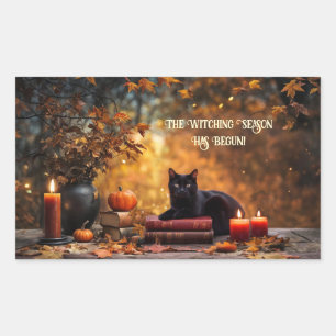 Pegatina Rectangular Gatos Negros de Halloween Libros de Hechizos Místi