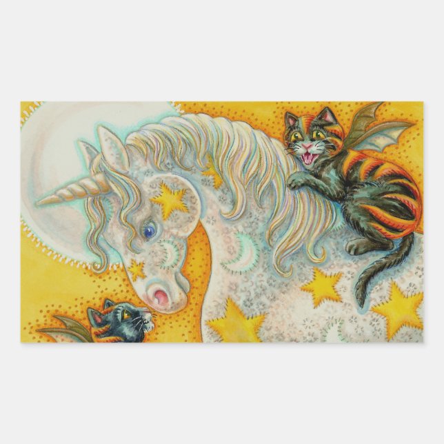 Pegatina Rectangular GATOS NEGROS INFLAMADORES CON HALLOWEEN UNICORN Co (Anverso)