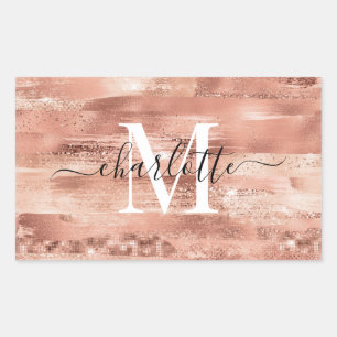 Pegatina Rectangular Glam Girly Rose Gold Glitter Foil Monogram Name