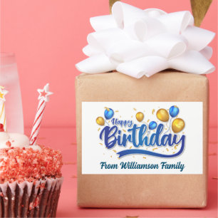 Pegatina Rectangular Globo de oro y azul, feliz cumpleaños