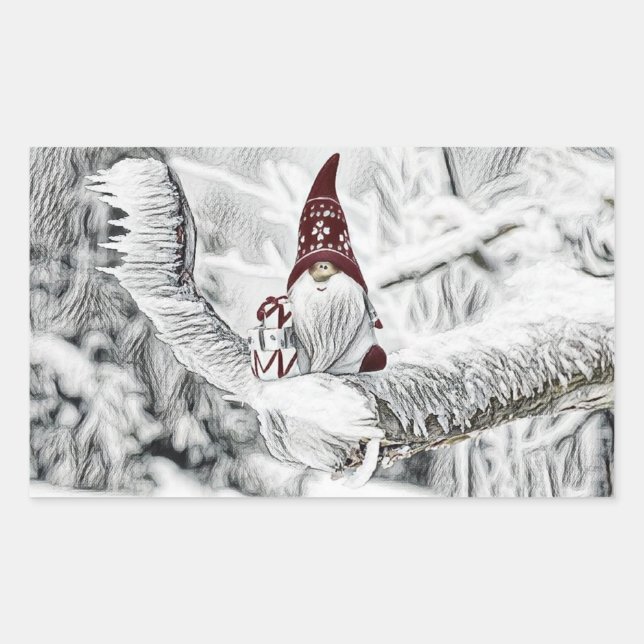 Pegatina Rectangular Gnomes en la pintura de la acuarela de nieve (Anverso)