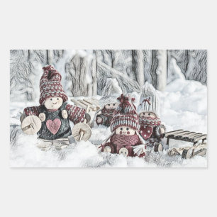 Pegatina Rectangular Gnomes vintage en el dibujo de la nieve